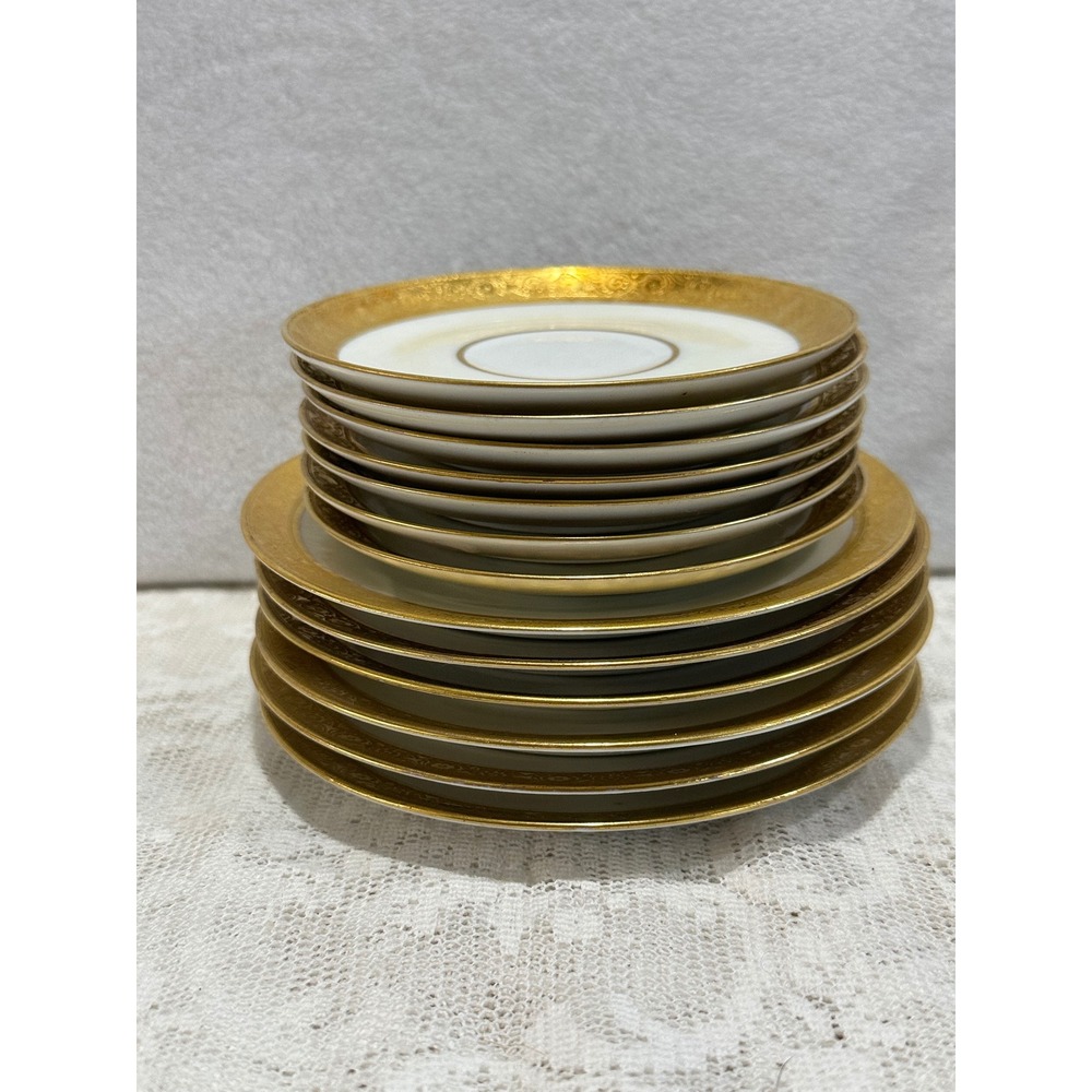 Vintage Hutschenreuther Bavaria Gold Trimmed Porcelain Saucers Set 12